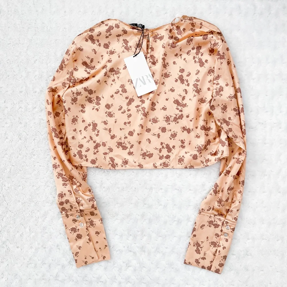 NWT- ZARA Cropped Floral Silky Cropped Long Sleeved Top